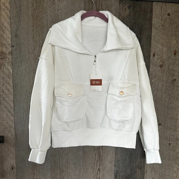 White 1/4 Zip Sweatshirt with Front Pockets - Picture 4 of 11